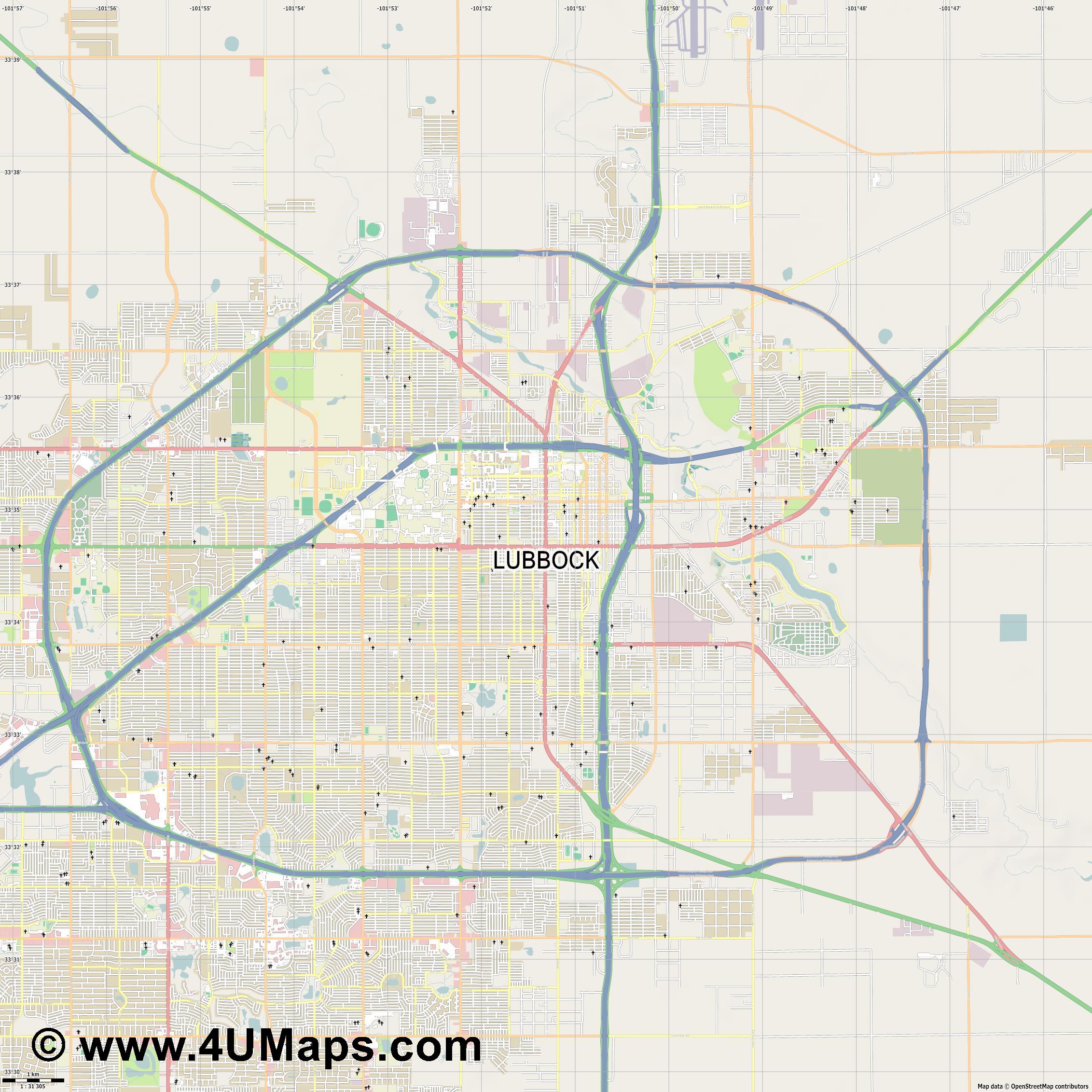 2263x2263 Pdf, Scalable Vector City Map Lubbock