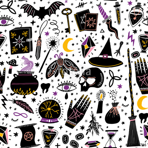 500x500 Vector Magic Witch Seamless Pattern Witchcraft Stock Image