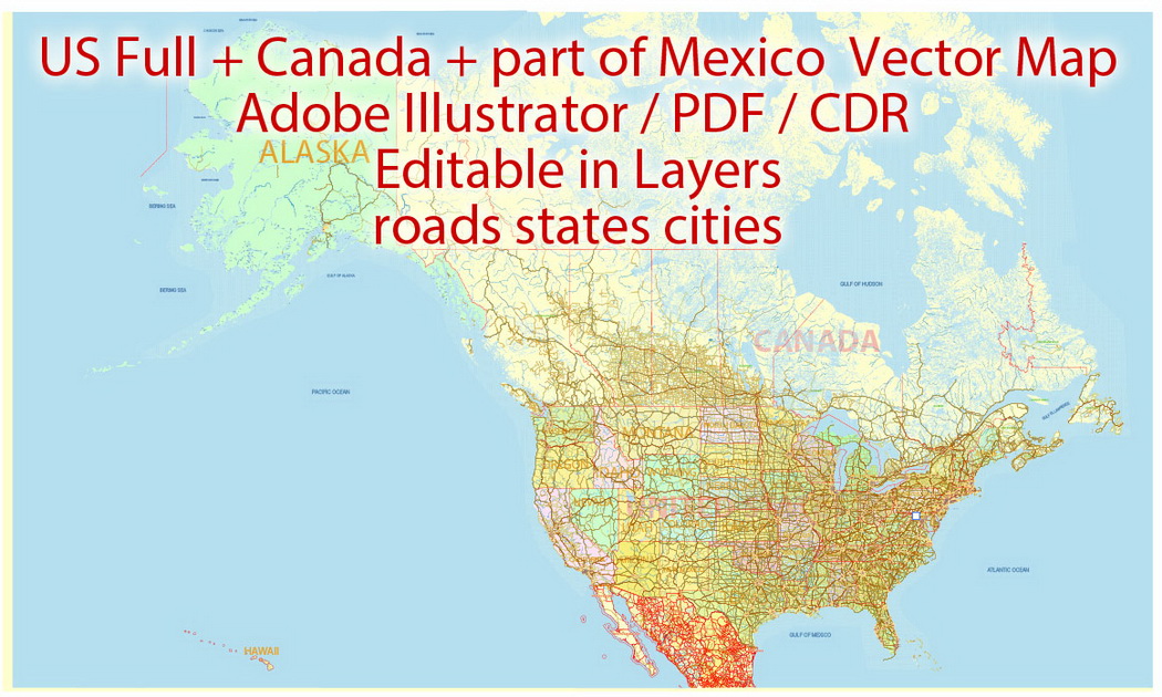 1050x630 Us Canada Part Of Mexico Vector Map All Roads Cities States