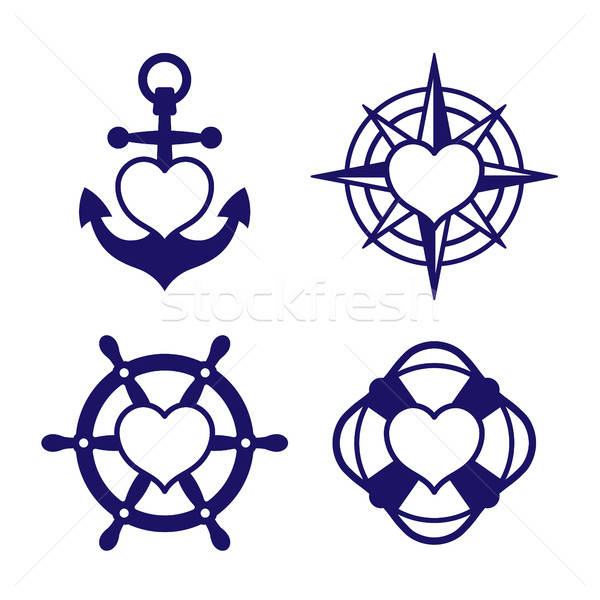 600x600 Marine Heart Icon Set Of Anchor And Compass Vector Illustration
