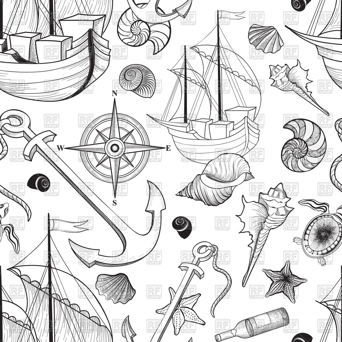 1200x1200 Marine Seamless Pattern Sailing Ship, Seashell, Anchor, Compass