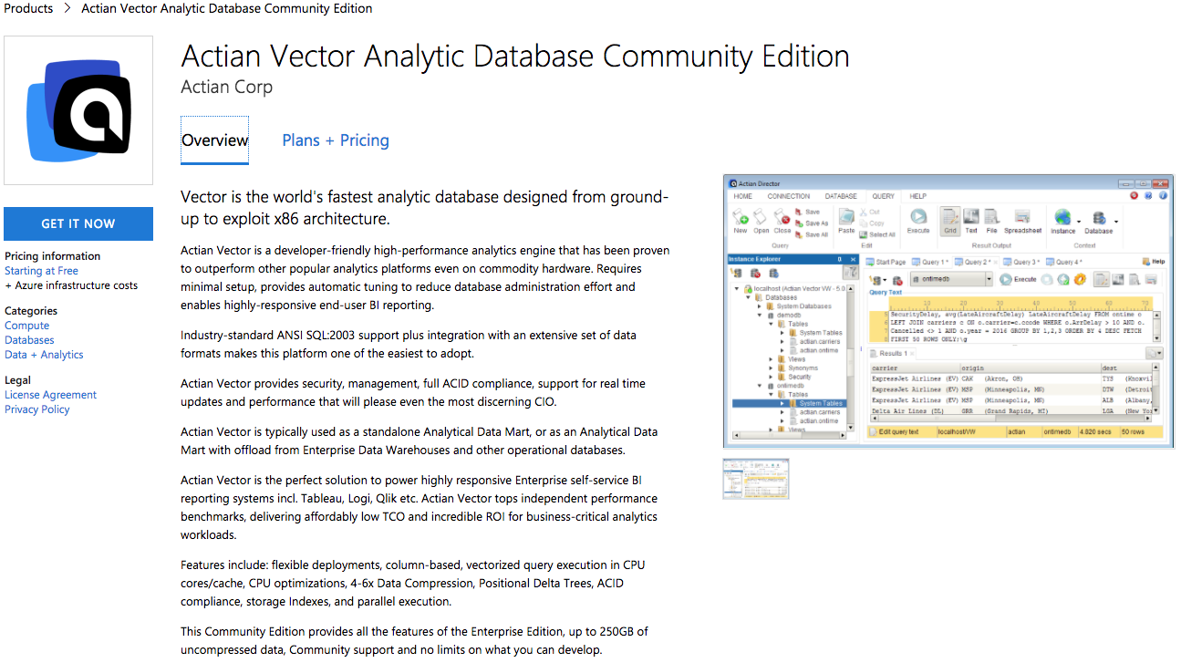 1295x727 Actian Vector Community Edition Launches On Azure Marketplace