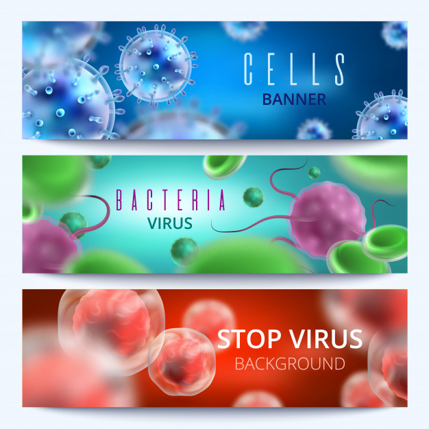 Microbiology And Medical Web Banners With Bacteria And Viruses 626x626 Microbiology And Medical Web Banners With Bacteria And Viruses