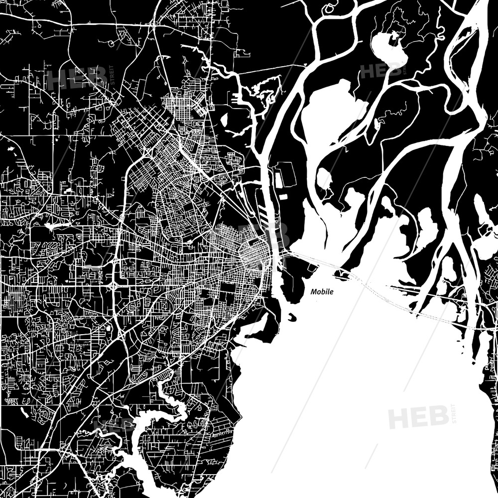 1000x1000 Mobile, Alabama, Downtown Map, Dark Hebstreits Sketches
