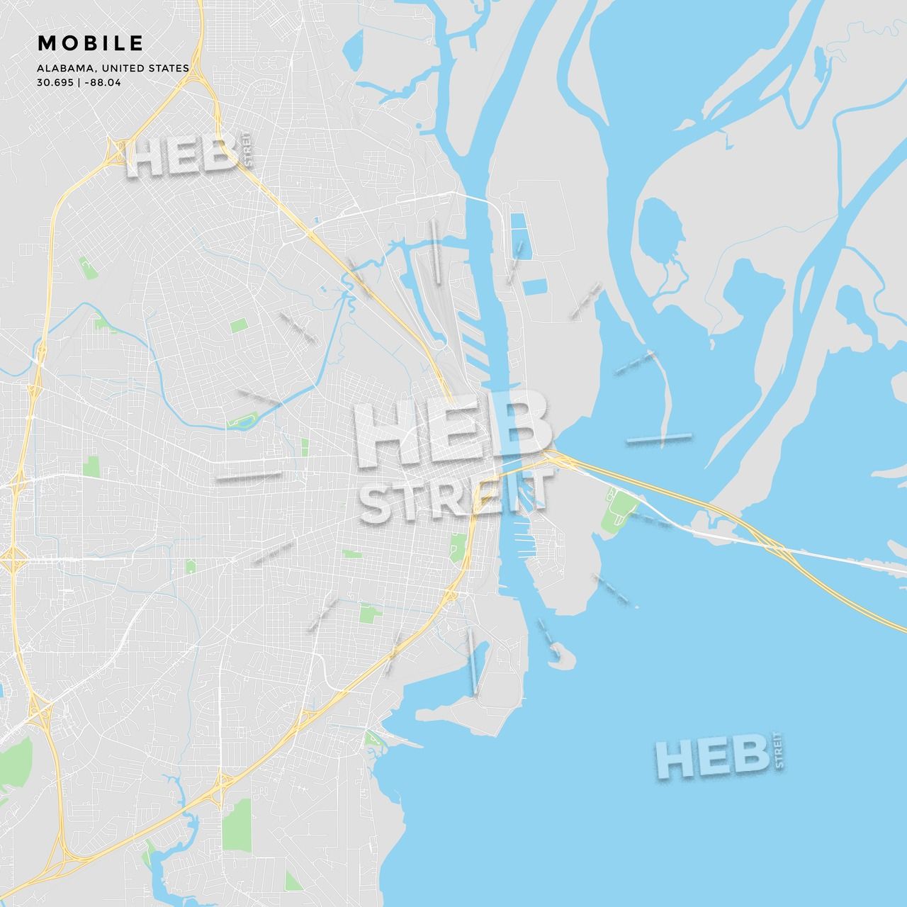 1280x1280 Printable Street Map Of Mobile, Alabama Maps Vector Downloads