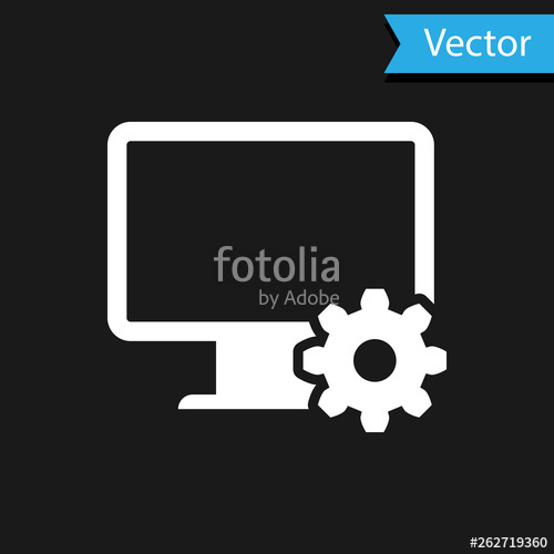 500x500 White Computer Monitor And Gear Icon Isolated On Black Background