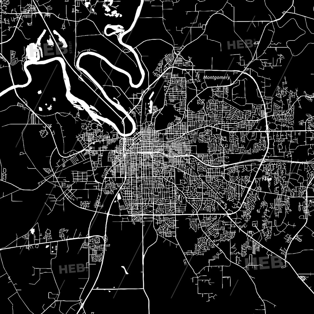 1000x1000 Montgomery, Alabama, Downtown Map, Dark Hebstreits Sketches