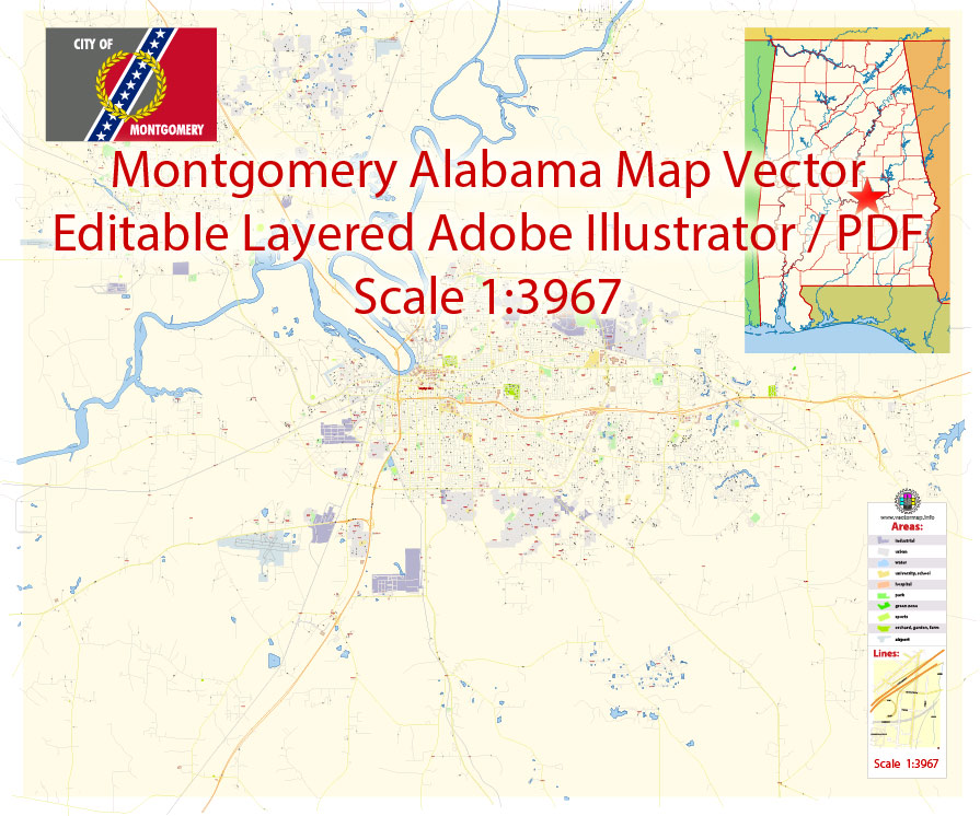 895x746 Montgomery Map Vector Alabama Exact City Plan Detailed Street