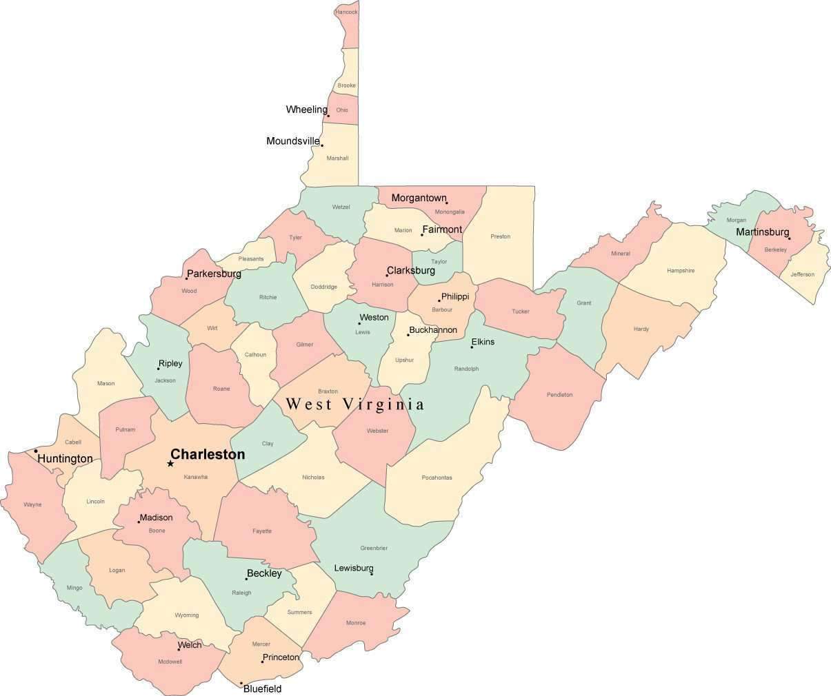 1205x1010 Multi Color West Virginia Map With Counties, Capitals, And Major Citie