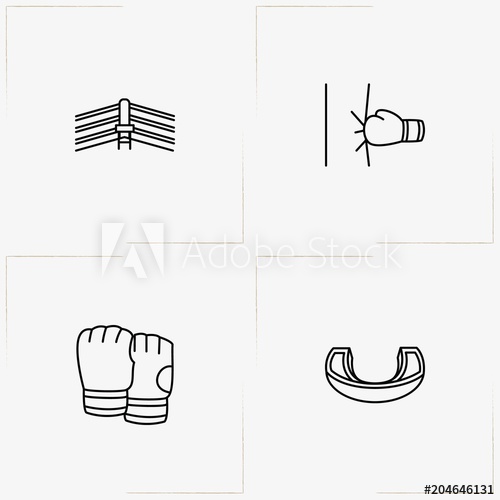 500x500 Boxing Line Icon Set With Box Gloves, Mouth Guard And Boxing Ring