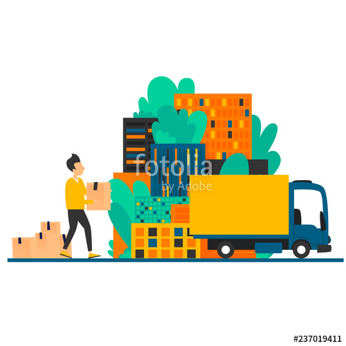 Moving, A Man Carries Boxes In A Truck, Trucking, City Flat Style 500x500 Moving, A Man Carries Boxes In A Truck, Trucking, City Flat Style