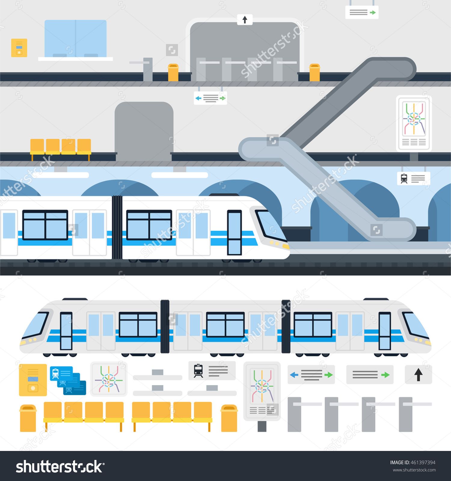 1500x1600 Metro Station And Passenger Train Vector Flat Illustration Set