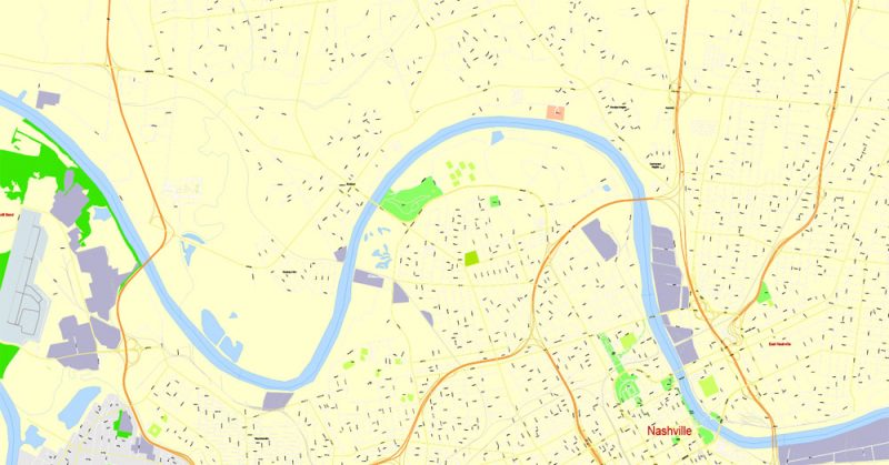 800x419 Nashville Printable Map, Tennessee, Us, Exact Vector Street Map