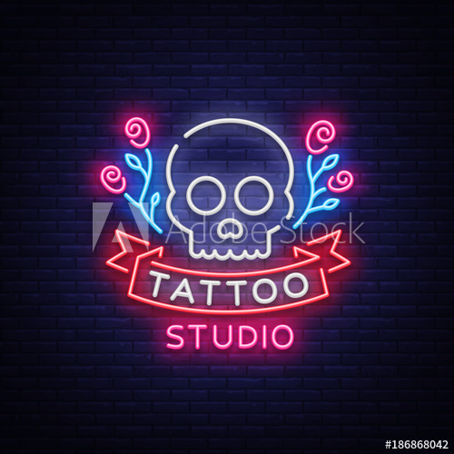 500x500 Tattoo Salon Logo Vector Neon Sign, A Symbol Of A Skull