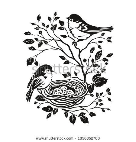 Floral Decor With Silhouettes Family Birds On Branches Tree 450x470 Floral Decor With Silhouettes Family Birds On Branches Tree