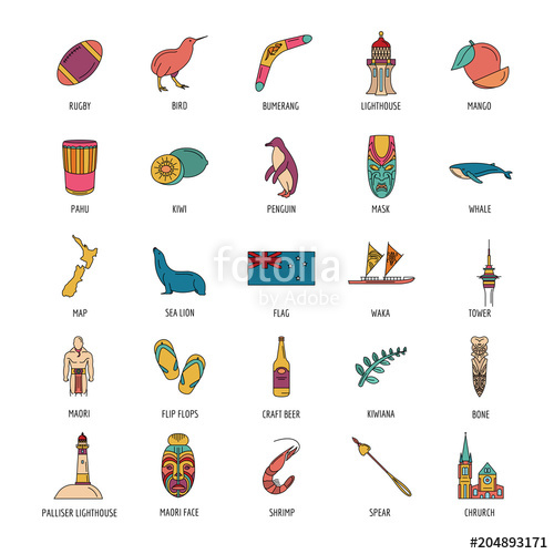 500x500 New Zealand Icons Set, Cartoon Style Stock Image And Royalty Free