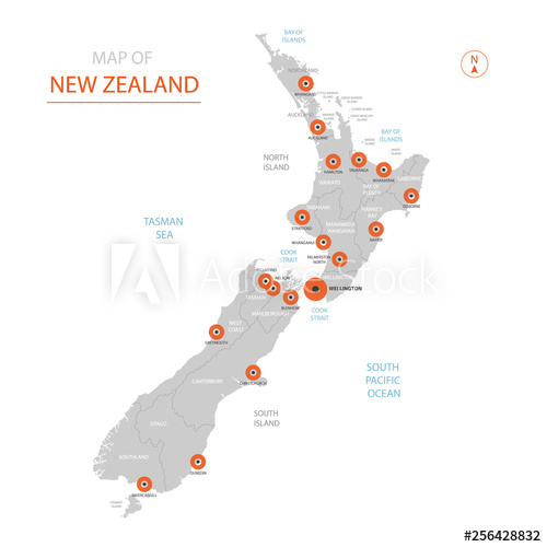 500x500 Stylized Vector New Zealand Map Showing Big Cities, Capital