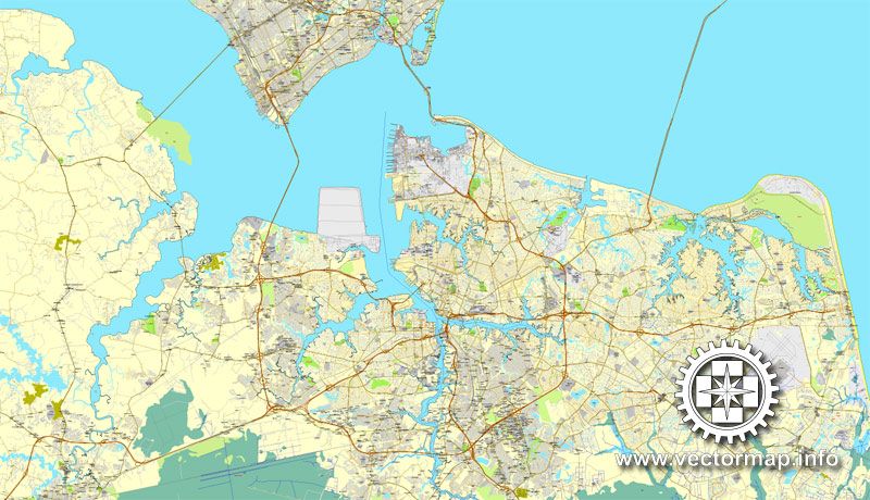 800x460 Hampton Roads, Norfolk, Newport News, Virginia, Us, Vector Map