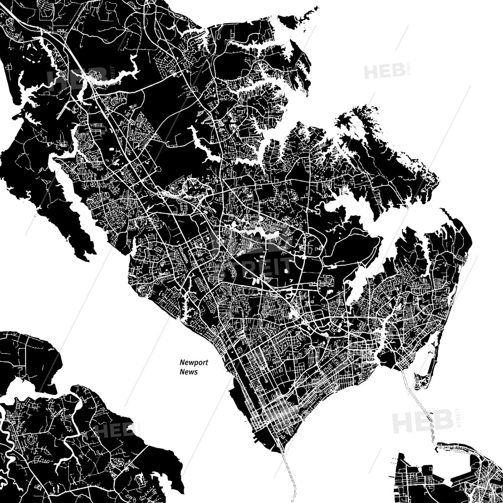 1000x1000 Newport News, Virginia, Downtown Map, Dark Hebstreits Sketches