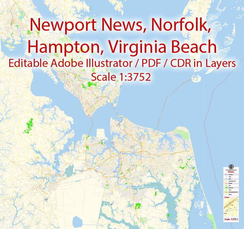 794x746 Newport News + Norfolk + Virginia Beach + Hampton Map Vector Exact