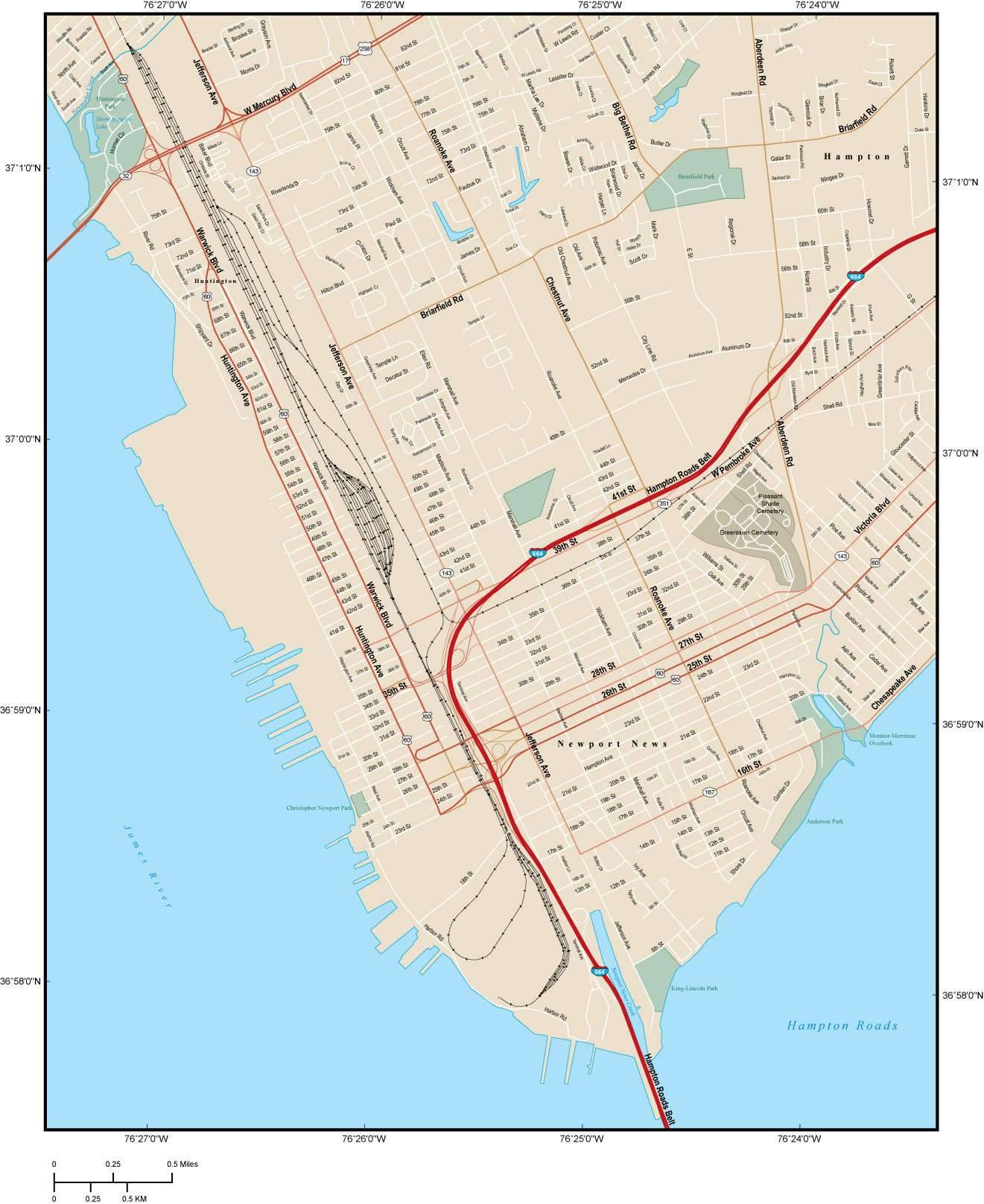 1321x1617 Newport News Map With Local Streets In Adobe Illustrator Vector Format
