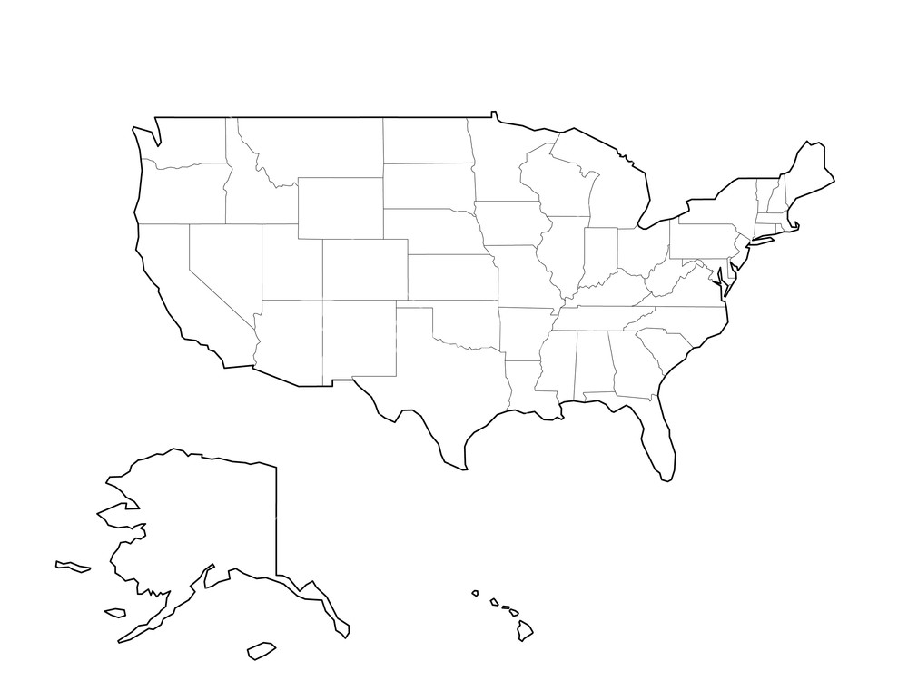 Blank Black Vector Outline Map Of Usa, United States Of America 1000x750 Blank Black Vector Outline Map Of Usa, United States Of America