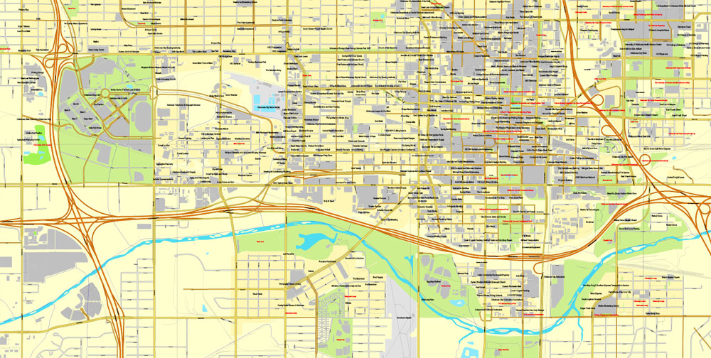 1000x504 Oklahoma City, Oklahoma, Us, Exact Vector Street City Plan Map