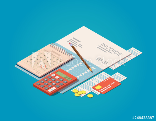 500x389 Vector Isometric Invoices, Calculator, Calendar, Pencil, Coins