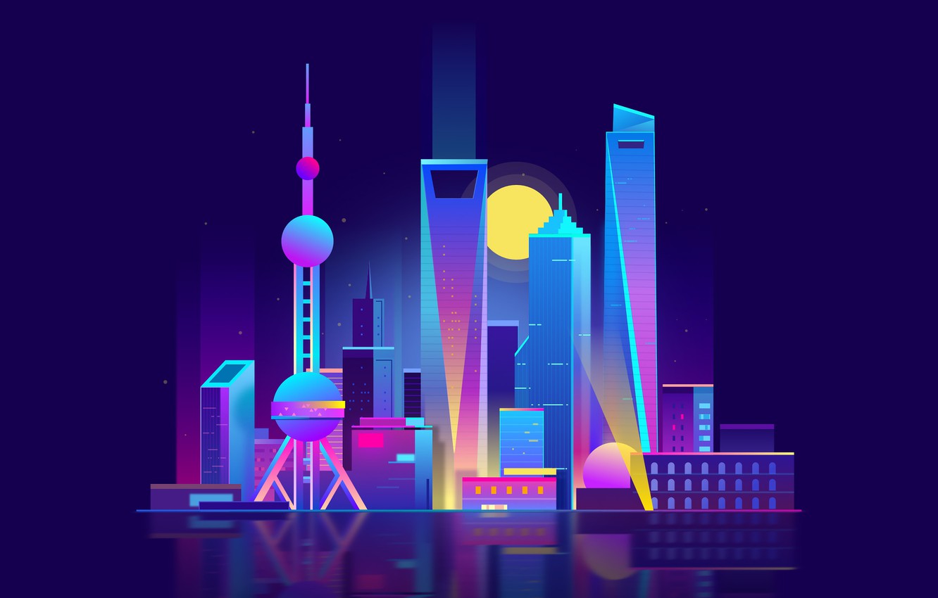 1332x850 Wallpaper Minimalism, Night, Tower, Vector, The City, Style