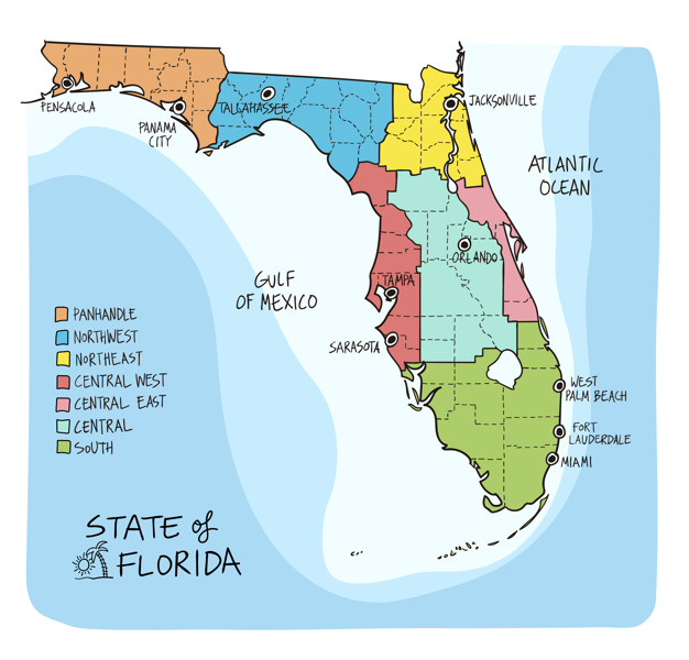626x600 Hand Drawn Map Of Florida With Regions And Counties Vector
