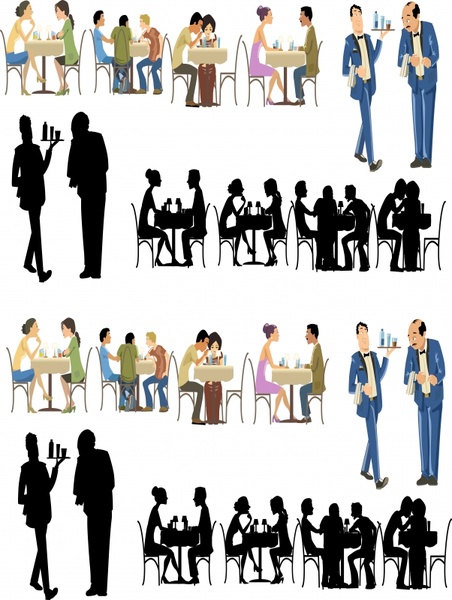 452x600 Restaurant People Icons Multicolored Silhouette Cartoon Sketch