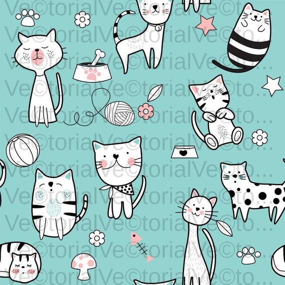 570x570 Dxf Pdf Png Cute Cat Seamless Pattern Vector Etsy