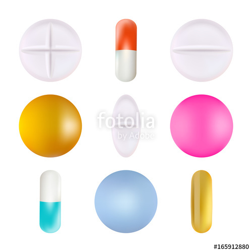 500x500 Medical Pills Set, Different Colors Isolated On A White Background
