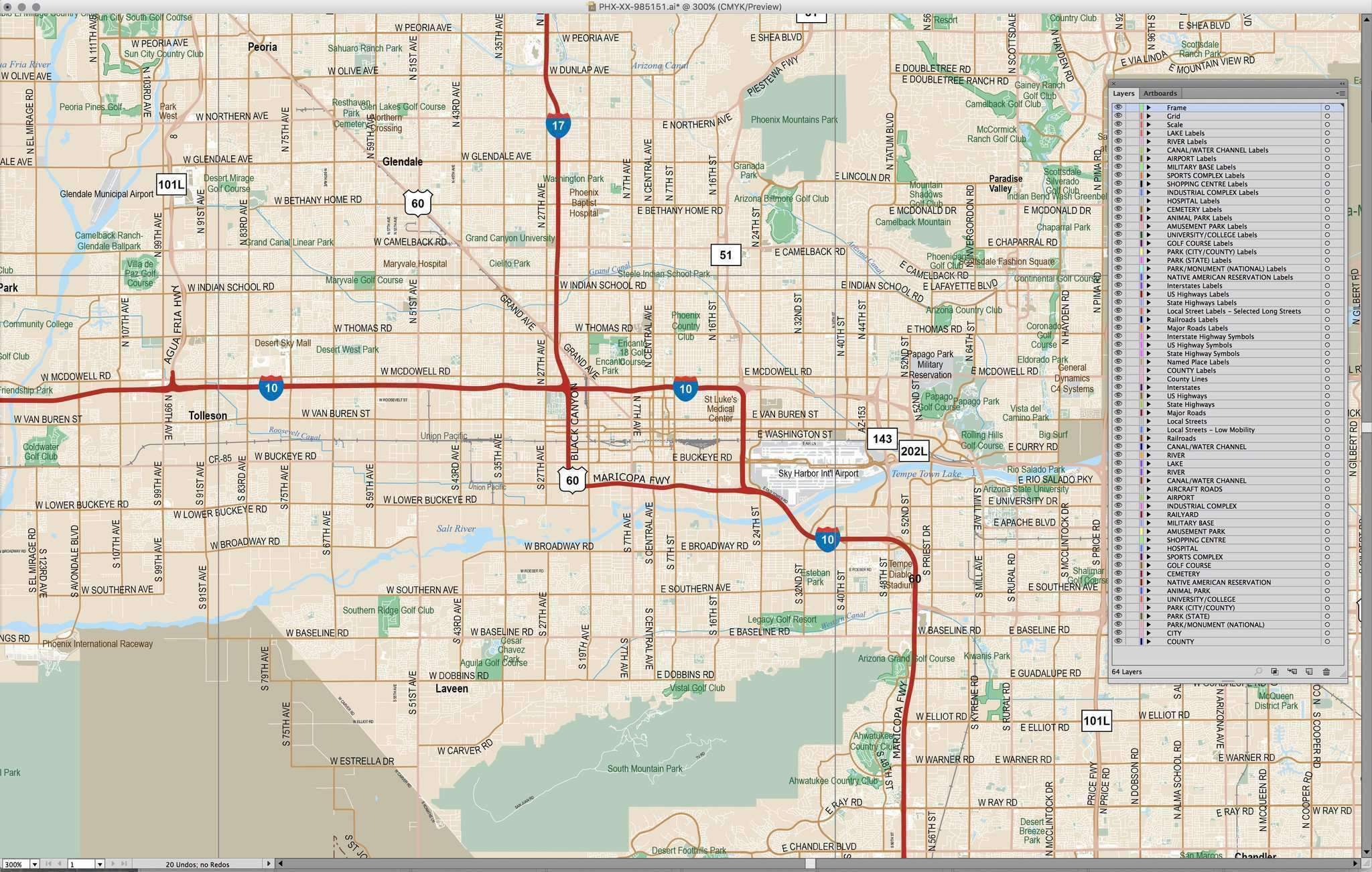 2048x1301 Phoenix Map With Local Streets In Adobe Illustrator Vector Format