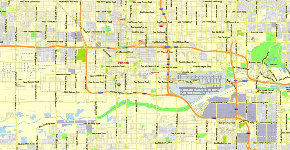 1000x518 Phoenix Metro Area Printable Map, Arizona, Exact Vector Street G