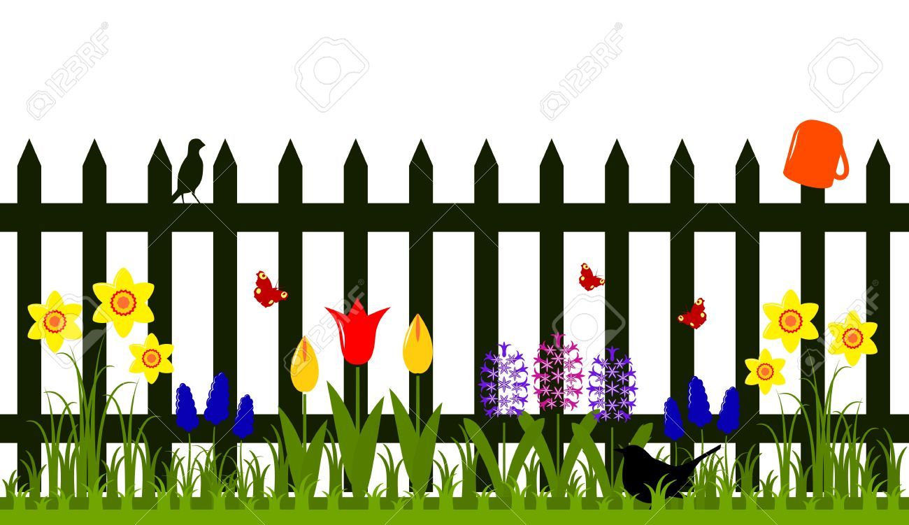 1300x751 Stock Vector Flowers In Picket Fence Garden, Garden