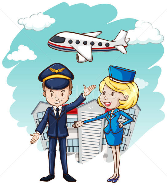 543x600 Pilot And Flight Attendant With Airplane In Background Vector