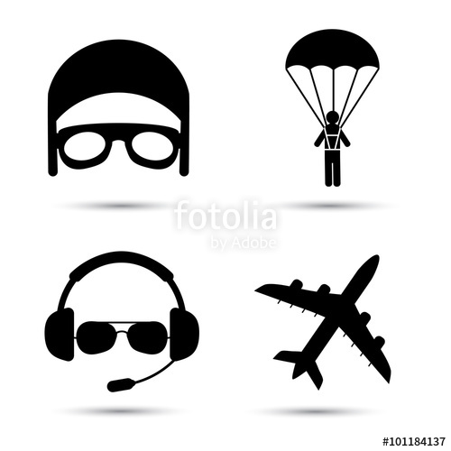 500x500 Skydiver On Parachute, Pilot, Airplane Silhouette Icons Vector