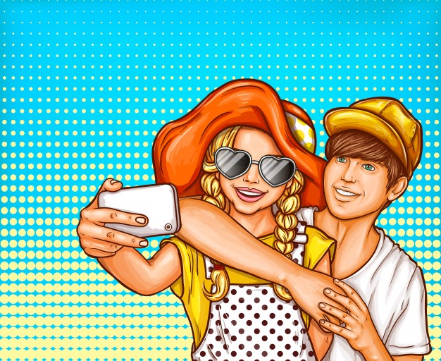 Vector Pop Art Illustration Of A Young Girl And Boy Making Selfies 626x512 Vector Pop Art Illustration Of A Young Girl And Boy Making Selfies