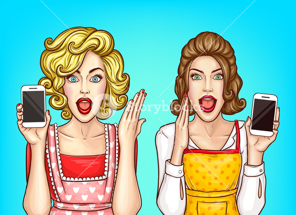 Vector Pop Art Pretty Women Holding Phone, Excited Housewives 1000x727 Vector Pop Art Pretty Women Holding Phone, Excited Housewives