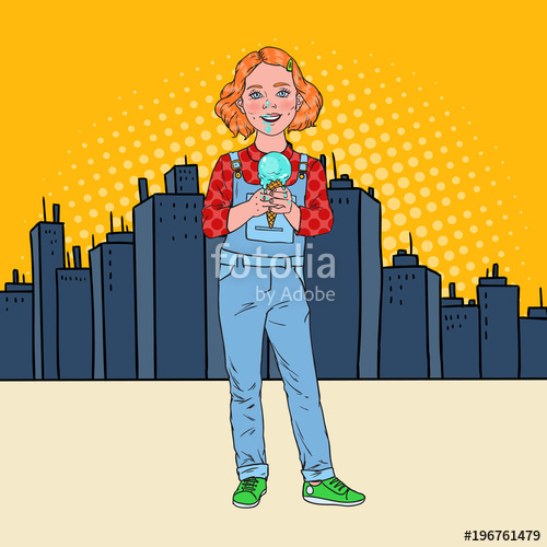 500x500 Pop Art Little Girl Eating Tasty Ice Cream In Front Of The City