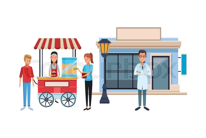 800x534 Pop Corn Cart With Clients Eating In Stock Vector Colourbox