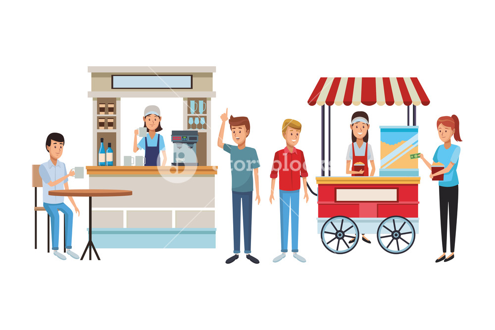 1000x667 Coffee Shop With Clients Drinking Coffee In Front Pop Corn Cart