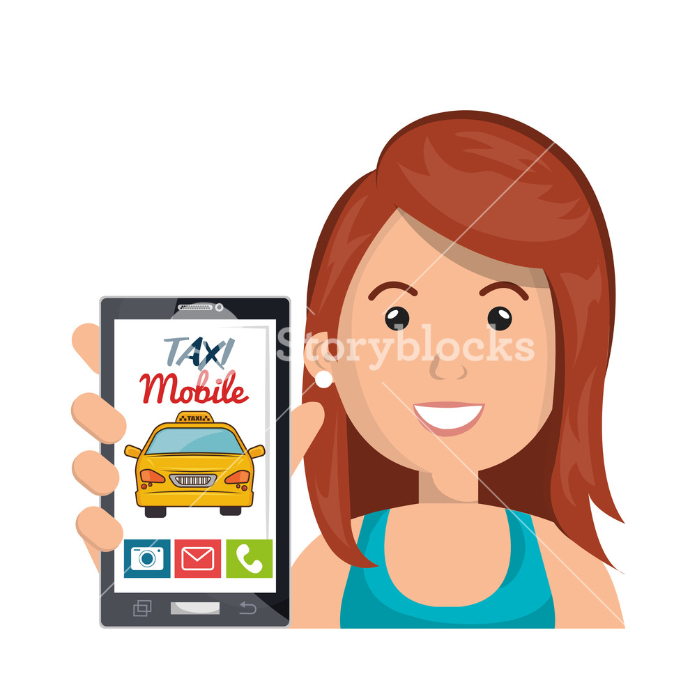 1000x1000 Pretty Woman Cartoon Hold Mobile App Taxi Service Vector