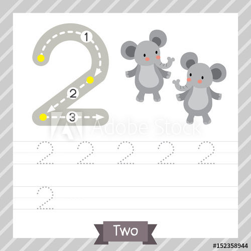 500x500 Number Two Tracing Practice Worksheet With Elephants For Kids