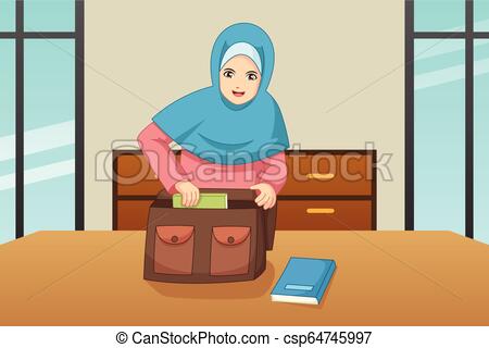 450x320 Muslim Girl Putting Book Inside A Bag Illustration A Vector