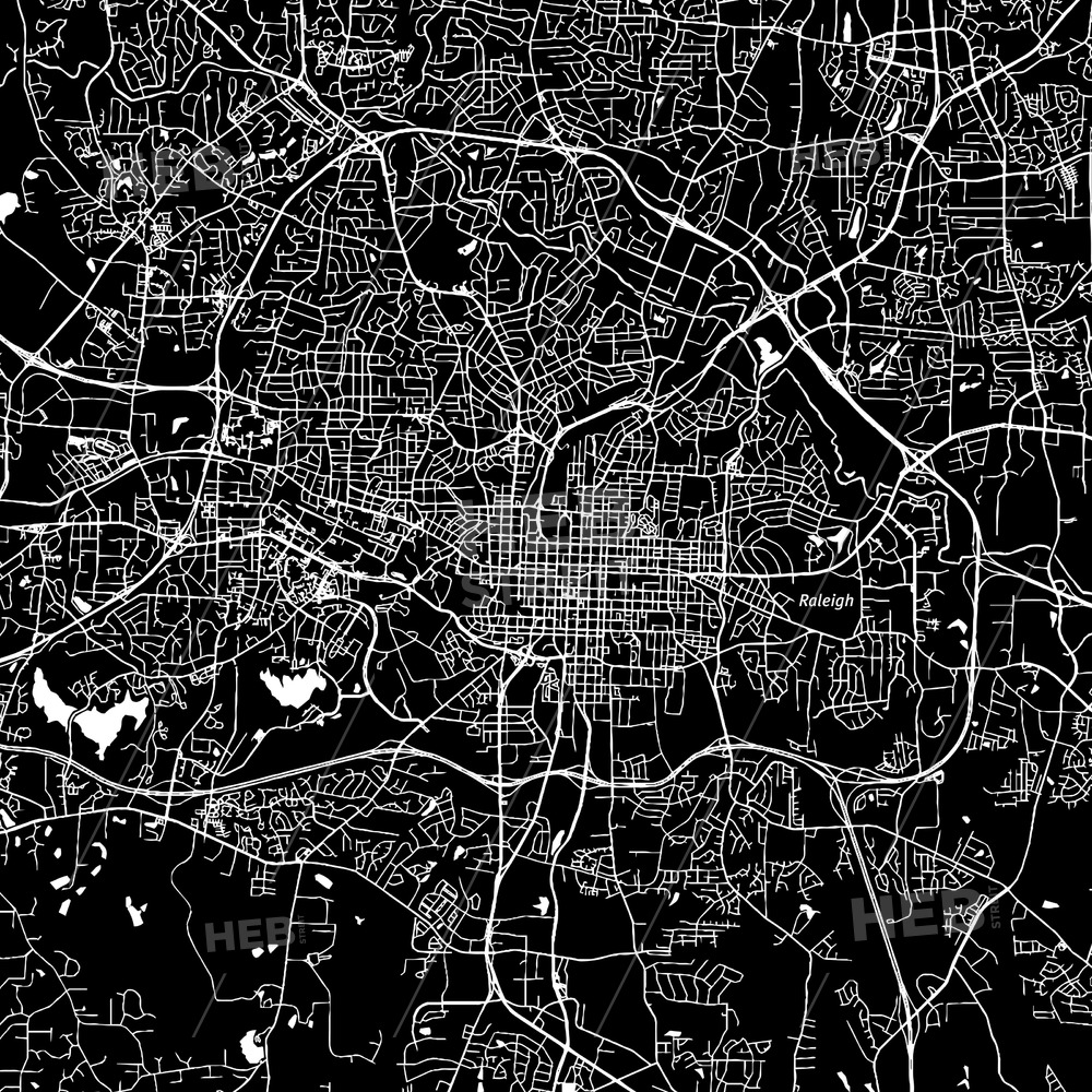 1000x1000 Raleigh, North Carolina, Downtown Map, Dark Hebstreits Sketches