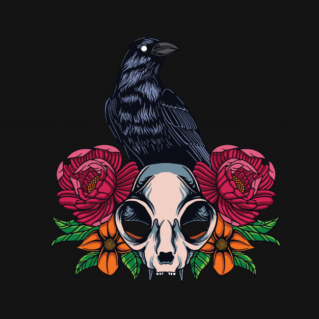 626x626 Raven And Cat Skull T Shirt Design Vector Premium Download