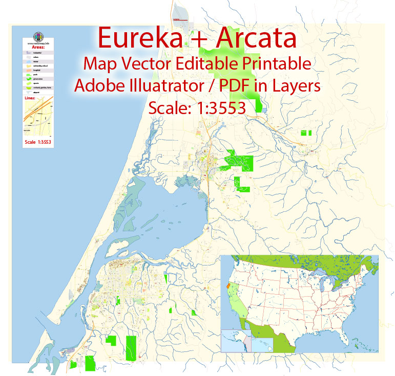 771x735 Arcata + Eureka Map Vector Exact City Plan Detailed Street Map