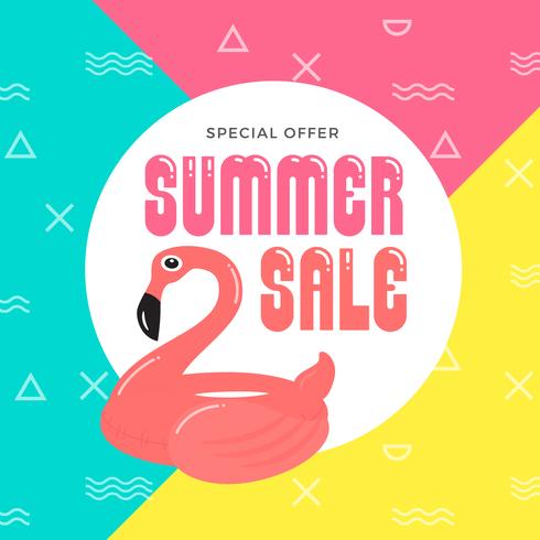 490x490 Summer Sale Banner Background Design With Flamingo Inflatable Ri